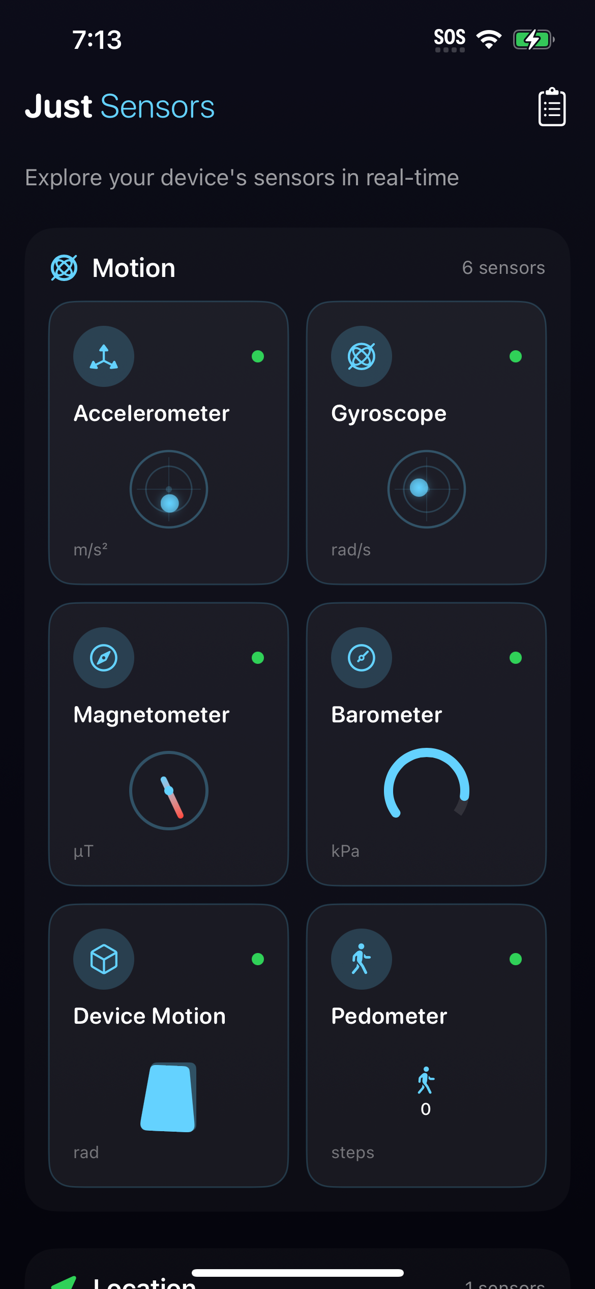 Just Sensors Home Screen